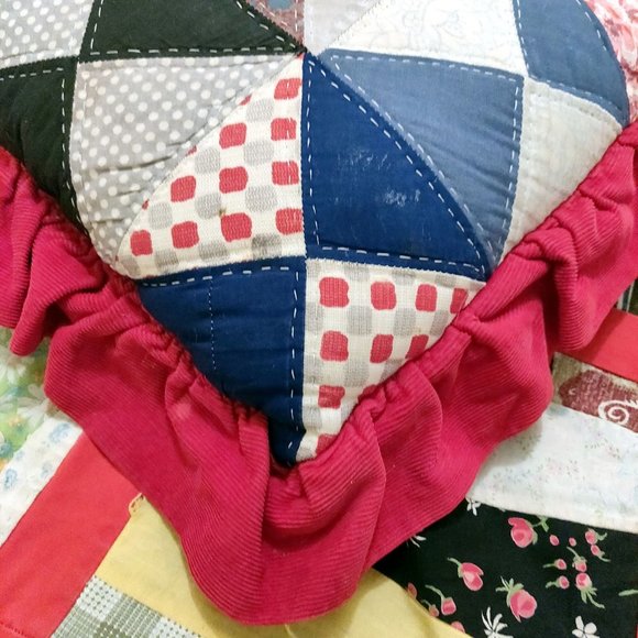 Vintage Patchwork Ruffle Pillow Bright Red Groovy Prints Flowers Stars Check BOH - Picture 6 of 12